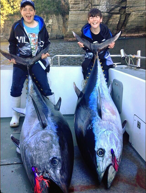 ANGLER: Toby Nichols (10yrs) and Sam Nichols (12yrs) SPECIES: Southern Bluefin Tuna  WEIGHT: Toby's 119kg, Sam's 112kg LURE: Toby 9" JB Lures Smoking Gun, Sam 6.5" JB Lures Micro Dingo.
